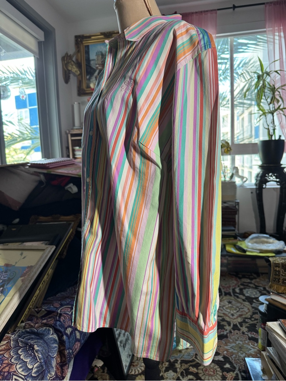 Lauren Ralph Lauren 1X Multicolor Striped Cotton Button Down Shirt Tunic - Picture 2 of 8